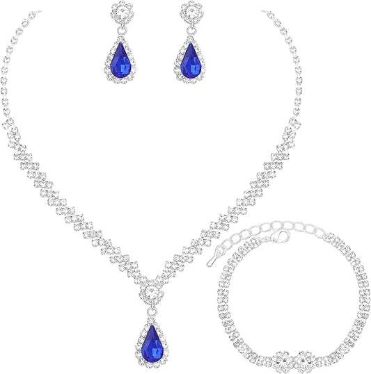 HONGLU Elegant Crystal Necklace Earrings Bracelets Set Silver Bridal Wedding Jewelry Sets Bride Bridesmaids Prom Formal Costume Accessories for Women
