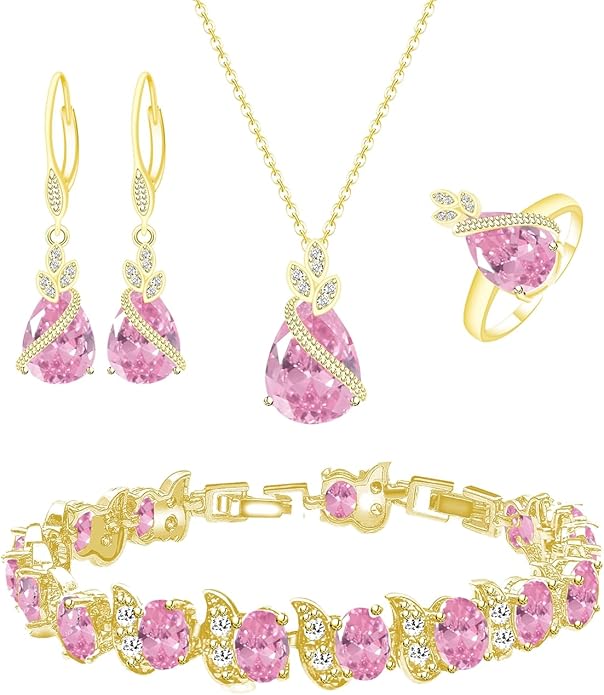 LMXXVJ Jewelry Set for Women,Teardrop Cubic Zirconia Necklace Earrings Adjustable Ring Bracelet Jewelry Set Formal Jewelry Gift