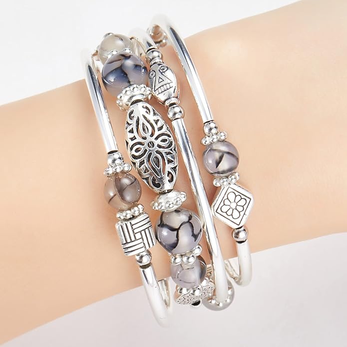 BULINLIN Layered Wrap Bangle Turquoise Bracelet - Bead Bracelet with Natural Agate Stone, Gifts For Women