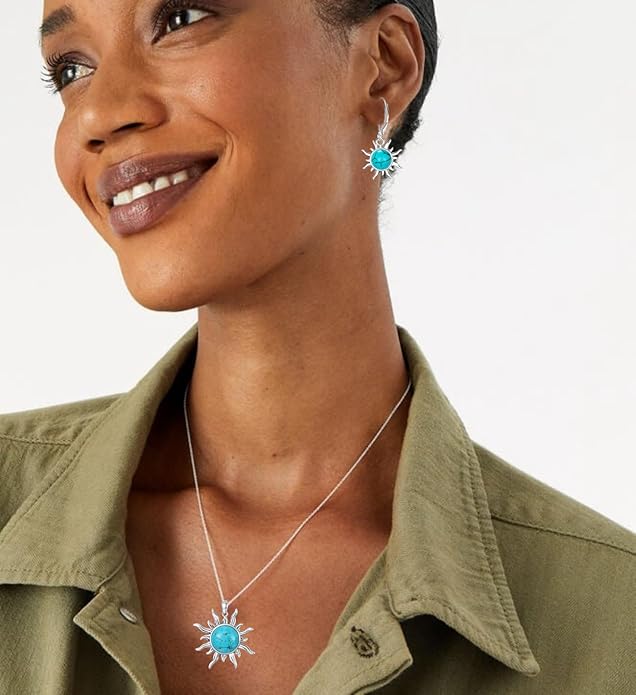 Genuine Sun Turquoise Jewelry Set for Women, Sterling Silver Native American Neckace and Dangle Earings Western Jewelry Birthdays Gift