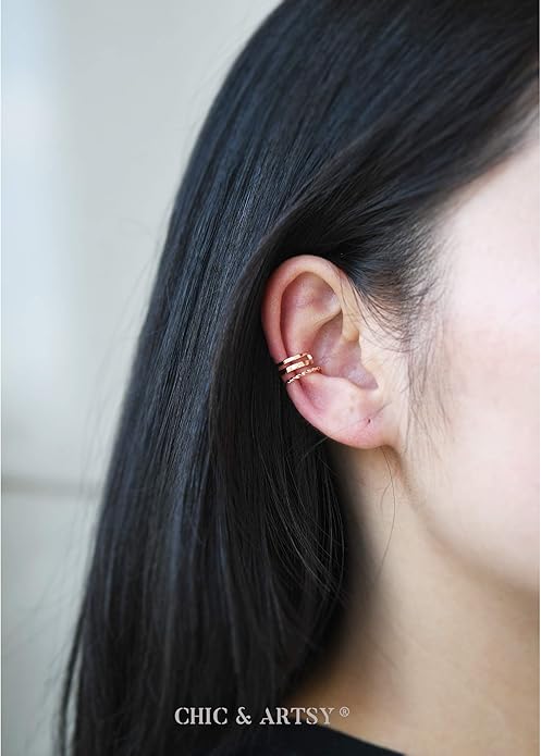 CHIC & ARTSY 925 Sterling Silver Ear Cuffs for Women, Non Piercing Clip On Cartilage Cuffs, Adjustable Fake Conch & Helix Earrings, Gold Plated & Oxidized Various Styles