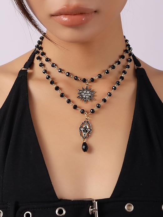 Sacina Layered Black Beaded Star Choker Necklace, Gothic Emo Punk Grunge Necklace, Gothic Jewelry, Halloween Christmas Jewelry Gift for Women