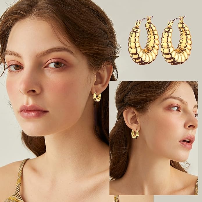 Wgoud Chunky Hoop Earrings Set 14K Gold Plated Hoop Earrings for Women Hypoallergenic, Thick Twisted Huggie Hoops Earring Set