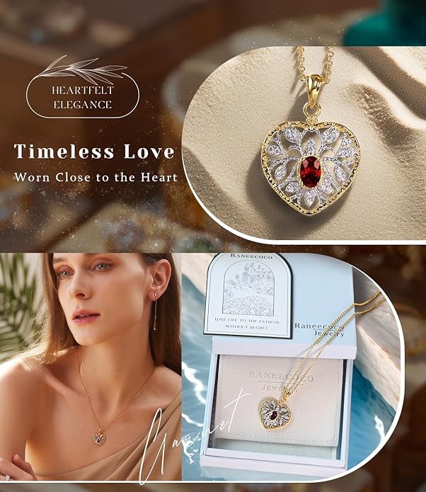 Raneecoco Natural Gemstone Necklace for Women 18K Gold Plated Sterling Silver Two-Tone Tree of Life & Love Heart Pendant Jewelry | Dainty Birthstone Gift For Her Mother Wife