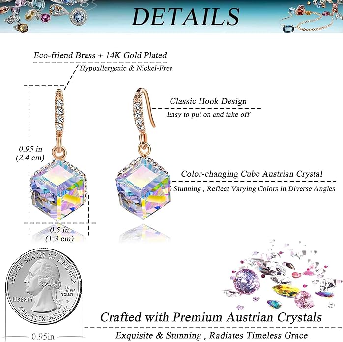 Austrian Crystal Cube Drop Dangle Earrings for Women 14K Gold Plated Hypoallergenic Jewelry