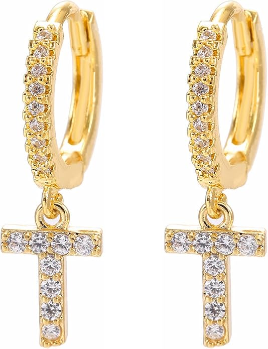14K Gold Dangle Drop Initial Earrings for Women Dainty CZ Huggie Hoop Name Letter Earrings S925 Sterling Silver Post with Cubic Zirconia Hypoallergenic Gifts Jewelry