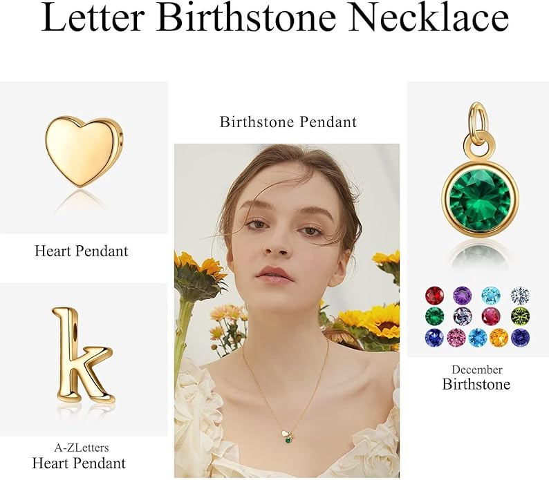 Ursilver Initial Birthstone Necklace for Women - Heart Initial Birthstone Pendant Necklace Personalized Gifts Birthday Gifts for Women