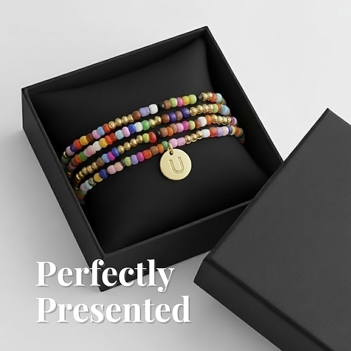 Set of 4 Colorful Bead Initial Bracelets, Personalized Stackable Jewelry, Adjustable Stretchy Charm Bracelets for Women, Beaded Bracelet Set, Trendy Custom Jewelry Gift