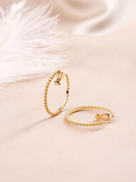 FAN&LOUIS 24K Gold Plated Hoop Clip On Earrings for Women, Gold Beaded Hoop Trendy Hypoallergenic Non Pierced Earrings Painless Lightweight 38mm Clip-On Earrings
