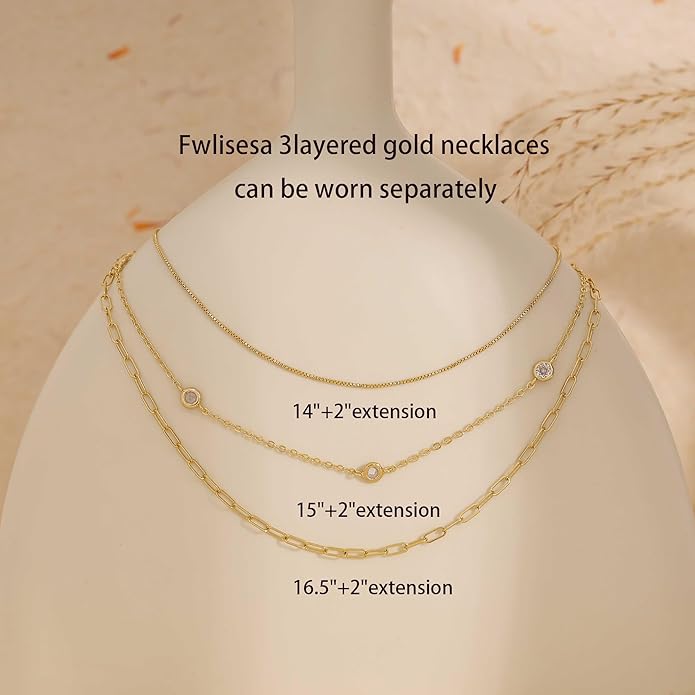 Layered Necklaces for Women, Dainty Gold Necklace Stack 14k Gold Plated Layering Cubic Zirconia Choker Necklaces for Women Trendy Simple Layered Gold Necklace Set Fashion Jewelry