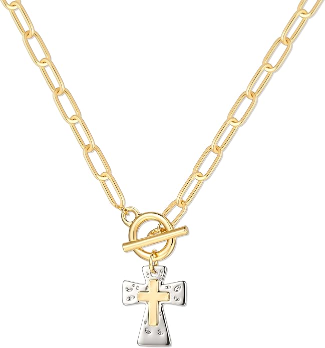 Layered Pearl Chain Necklace for Women, 14K Gold Plated Pearl Link Toggle Clasp Necklace, Dainty Trendy Layered Choker Chunky Jewelry Fashion Gift for Women
