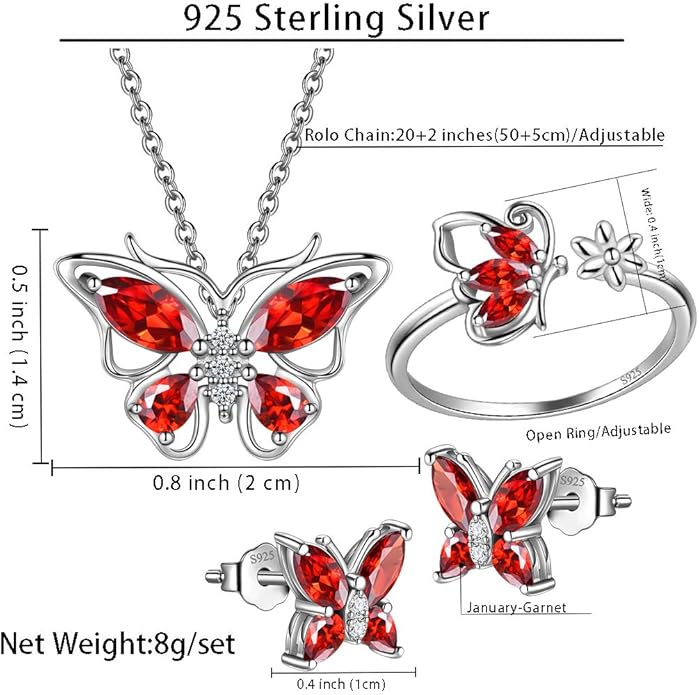 925 Sterling Silver Birthstone Butterfly Jewelry Women Crystal Animal Cute Butterflies Birthday Necklace/Earring/Ring/Bracelet Sets Birth Stone Statement Anniversary Jewellery