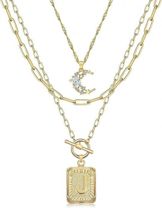 MJartoria Layered Initial Necklaces for Women Trendy, 14K Gold Plated Brass Simple Moon Choker Square Letter Pendant Necklace, Paperclip Chain Necklaces Jewelry Gifts