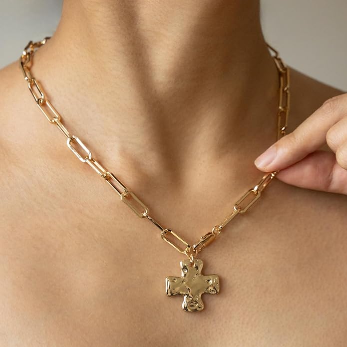 Gold Chunky Cross Necklace for Women - Statement Layered Hammered Cross Pendant Jewelry with Vintage Toggle Clasp, Bold Paperclip Chain Necklace Gift for Her