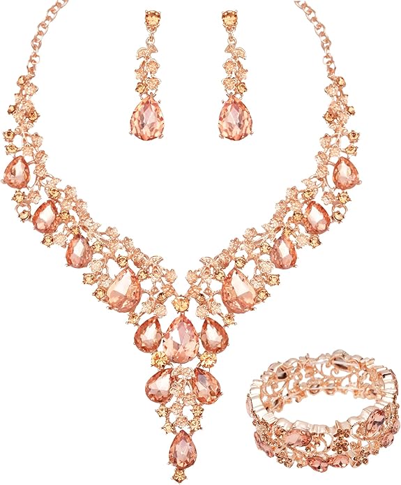 CSY Elegant Crystal Costume Jewelry Sets Flower Bridal Necklace Earrings Stretch Bangle Set for Bride Bridesmaid Wedding Dress Accessories