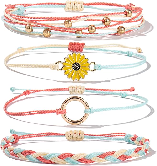 FANCY SHINY Sunflower String Bracelet Boho Braided Rope Wrap Bracelets Cute Summer Beach Surfer Jewelry for Women
