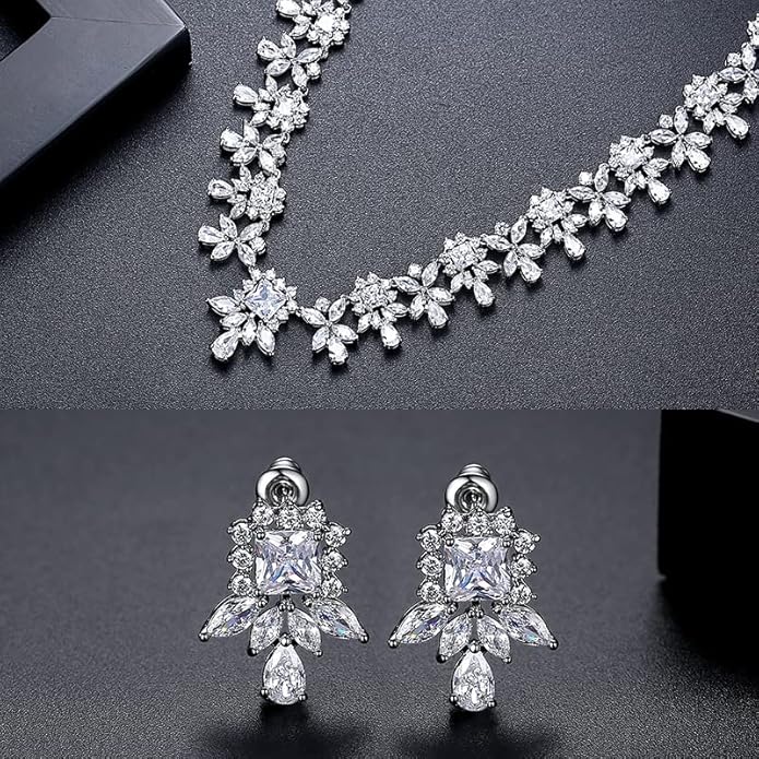 14K Gold Women's Jewelry Set, Natural Crystal Necklace & Moissanite Earrings, Luxurious Bridal/Wedding Fashion Accessory