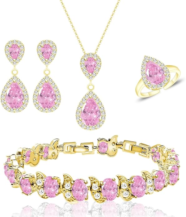 LMXXVJ Teardrop Jewelry Set for Women，Necklace Earrings Adjustable Ring Bracelet Set Fashion Formal Platinum/Gold/Rose Gold Jewelry Gift Girl/Mom/Wife/Grandmother/Best Friend/Aunt