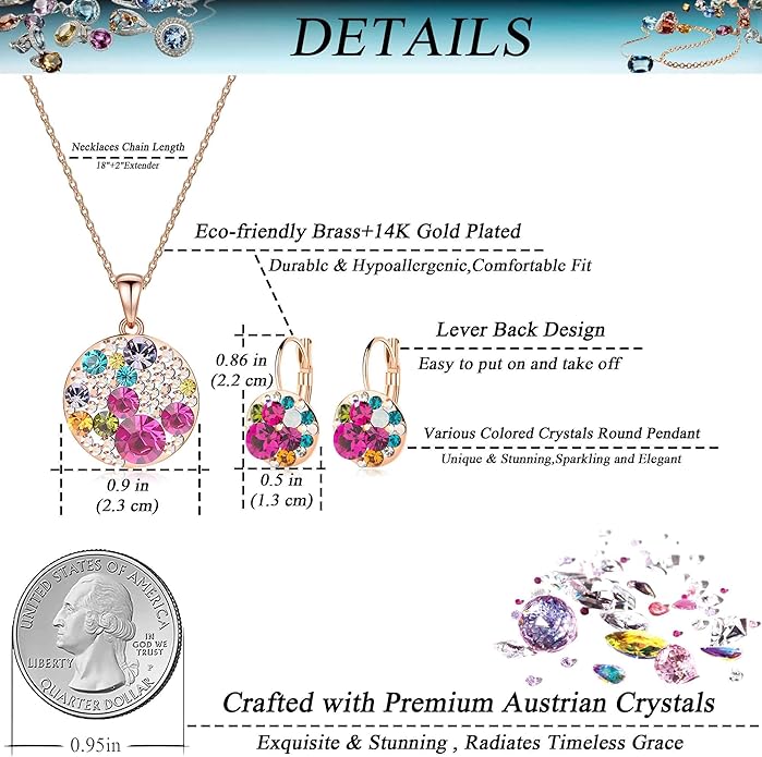 EVEVIC Austrian Crystals Round Disc Pendant Necklace Earrings for Women 14K Gold Plated Hypoallergenic Jewelry Sets