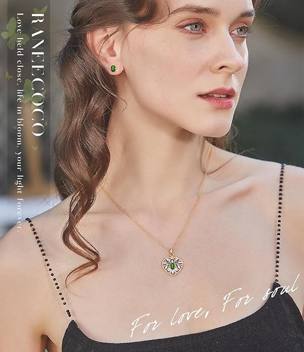 Raneecoco Natural Gemstone Necklace for Women 18K Gold Plated Sterling Silver Two-Tone Tree of Life & Love Heart Pendant Jewelry | Dainty Birthstone Gift For Her Mother Wife