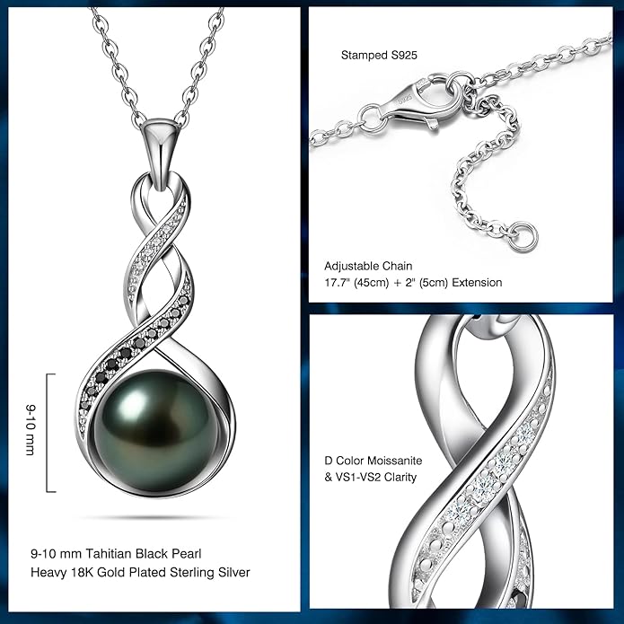 Genuine Tahitian Black Pearl Necklaces for Women, 9-12mm AAAA Seawater Pearl - Sterling Silver Moissanite Pendant, Wedding Anniversary, Birthday, Christmas Gift for Wife, Mom, Girlfriend, Fine Jewelry
