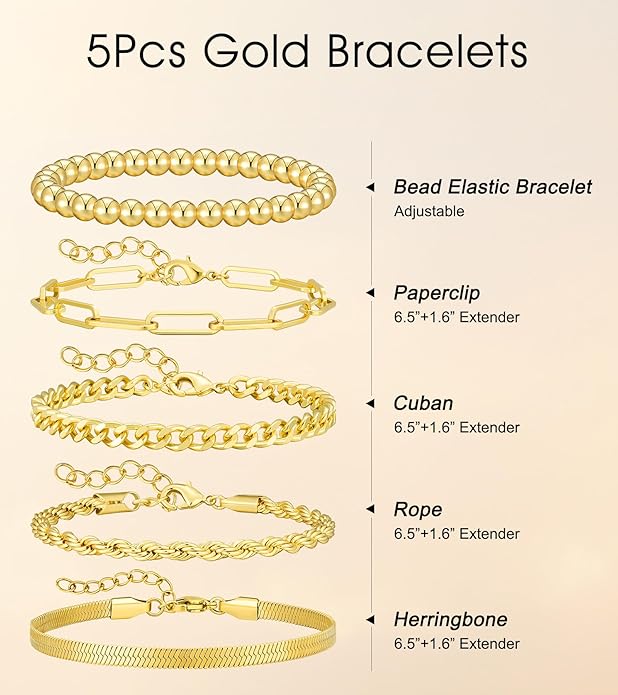 Howoo Gold Bracelets for Women Beaded Initial Bracelet Stack Dainty Heart Stretch Gold Charm Bracelet Jewelry for Women Trendy