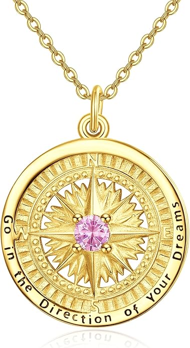 KINGWHYTE Graduation Gifts Birthstone Necklace for Women 925 Sterling Silver Compass Pendant Go in the Direction of your Dream Travel Jewelry Birthday Gift for Her