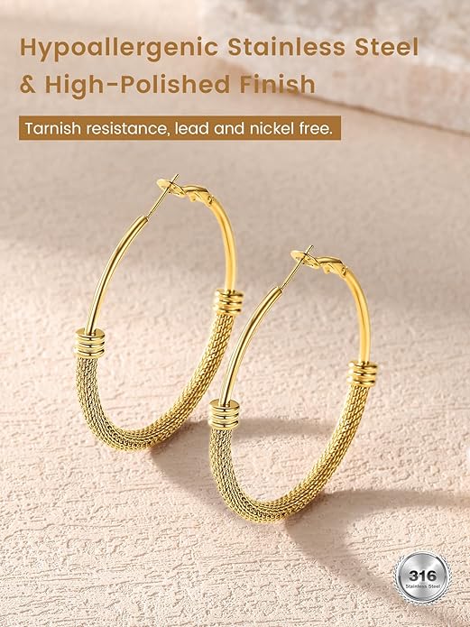 KeyStyle Mesh Hoop Earrings for Women, Stainless Steel Gold Hoops Earring Lightweight Loops, 2MM Thick Hypoallergenic Circle Endless Hollow Hoop 20mm-80mm