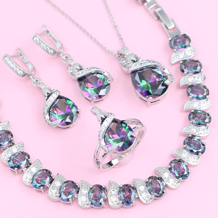 GZWHD Jewelry Set for Women Water Drop Cubic Zirconia Artificial Crystal Earrings Pendant Necklace Open Ring Tennis Bracelet Wedding Anniversary Birthday Engagement Gift for Bridesmaid Wife Girlfriend Friend