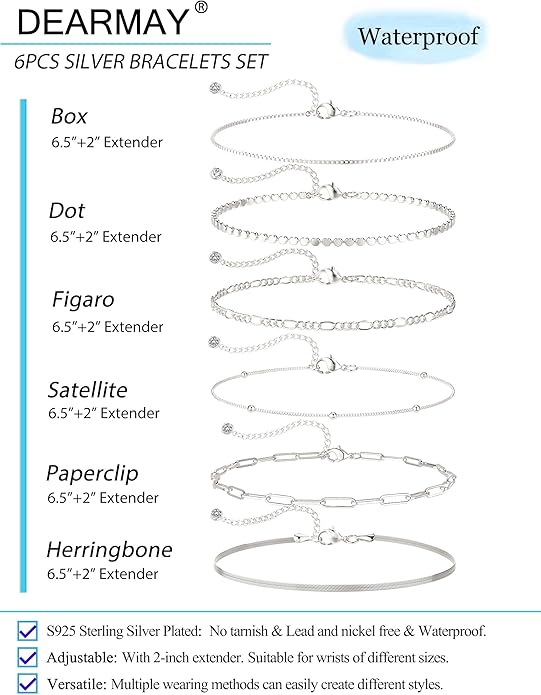DEARMAY Dainty Silver Plated Bracelets for Women Trendy, Silver Jewelry Set for Women Bracelets for Women Paperclip Box Herringbone Figaro Rope Chain Bracelet Fashion Pack Gifts for Women
