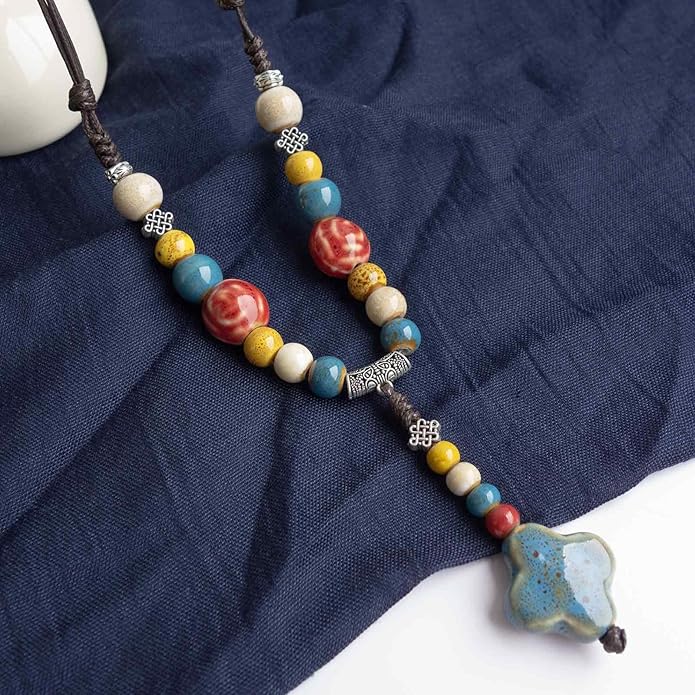 Adjustable Ceramic Beaded Necklace for Women, Boho Handmade Flower Pendant Necklace, Hippie Jewelry for Mom and Wife