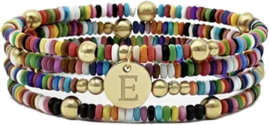 Set of 4 Colorful Bead Initial Bracelets, Personalized Stackable Jewelry, Adjustable Stretchy Charm Bracelets for Women, Beaded Bracelet Set, Trendy Custom Jewelry Gift