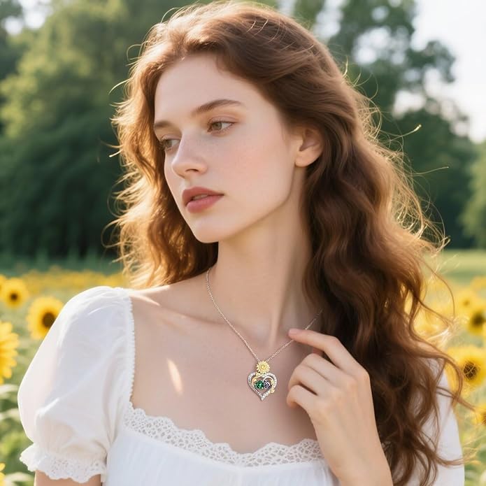 Iefil Valentines Day Gifts for Her - 925 Sterling Silver Sunflower Double Birthstone Necklace for Women, Anniversary Birthday Gifts for Wife, You Are My Sunshine Necklaces, Jewelry for Wife Mom
