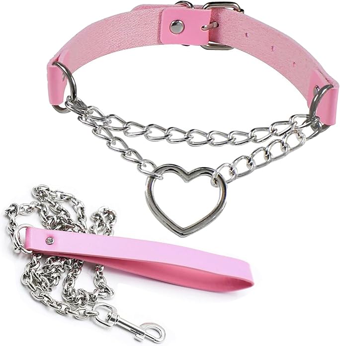 Gothic Heart Pendant Choker Necklace with Chain, Black Leather Collar, Silver Metal Hardware