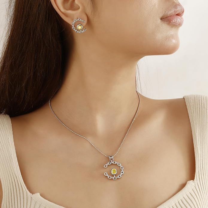 Elegant C-Shaped Crystal Necklaces/Stud Earrings Set with Birthstone Jewelry Set Silver Plated Fashion Jewelry for Women CS0003