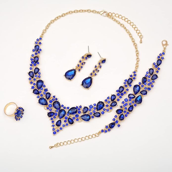CSY 4 Pcs/Set Austrian Crystal Necklace Earrings Bracelet Ring Bridal Jewelry Sets for Brides Wedding Party Costume Accessories Gifts for Women