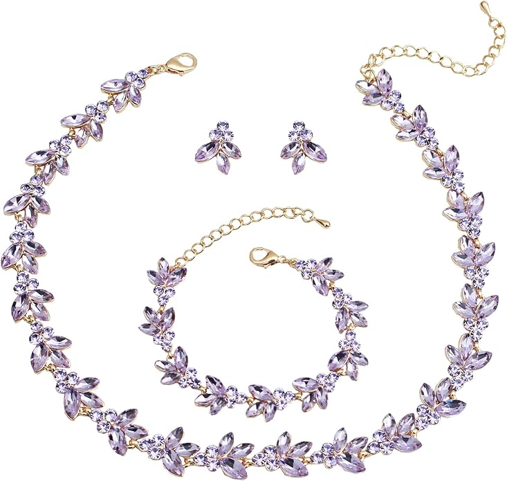 Bridal Wedding Crystal Leaf Choker Necklace Dangle Earring Bracelet Brides Bridesmaid Jewelry Set for Women