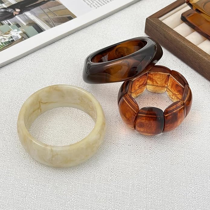 3 PCS Acrylic Resin Bracelet for Women Irregular Geometric Cuff Wide Wristband Bangles Trendy Chunky Resin Stackable Stretch Bracelet Jewelry Set