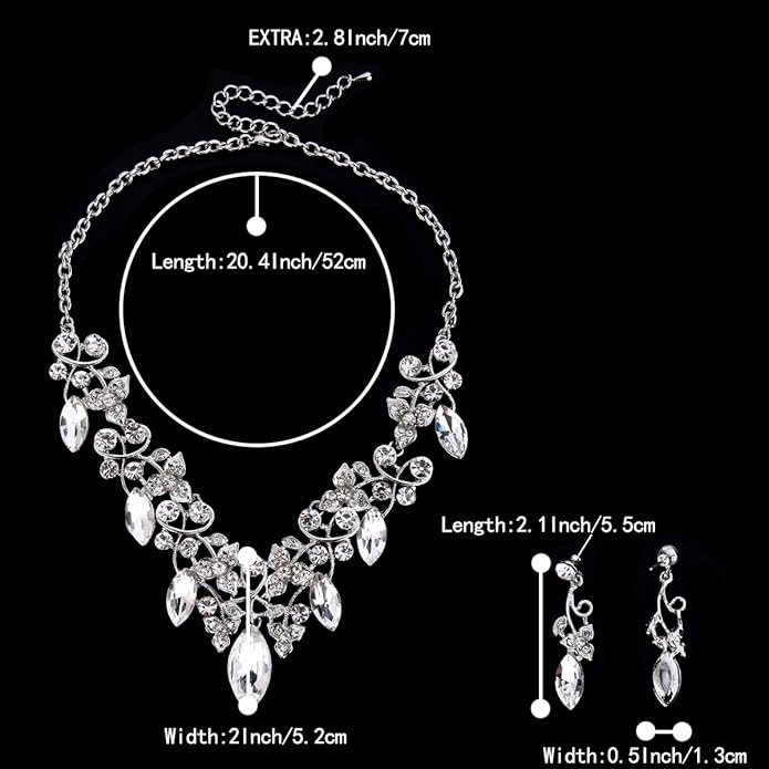 BriLove Women's Costume Fashion Crystal Floral Vine Leaf Statement Necklace Dangle Earrings Set