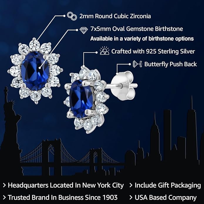 Gem Stone King 7X5MM Oval Gemstone Birthstone Stud Earrings For Women | Princess Diana Royal Halo Style | 925 Sterling Silver | Fine Jewelry Gifts for Anniversary Wedding Her Mom Women Wife