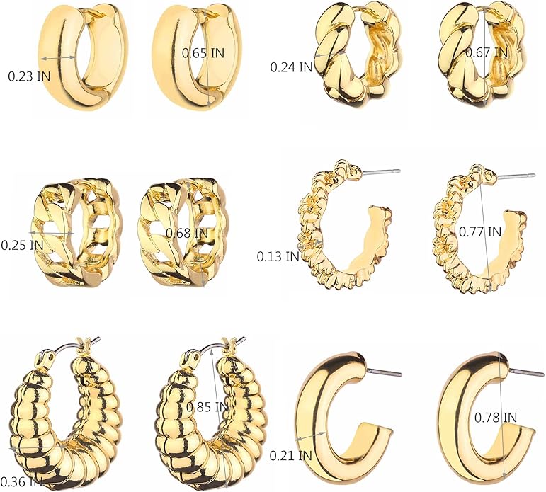 Wgoud Chunky Hoop Earrings Set 14K Gold Plated Hoop Earrings for Women Hypoallergenic, Thick Twisted Huggie Hoops Earring Set
