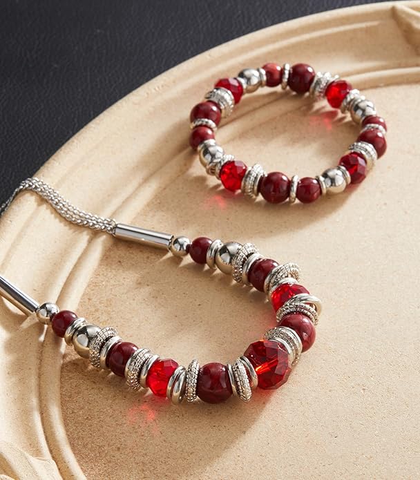 PEARL&CLUB Silver Beaded Statement Necklaces for Women Chunky Bead Necklace Bracelet and Earring Costume Jewelry Sets Gifts for Mom