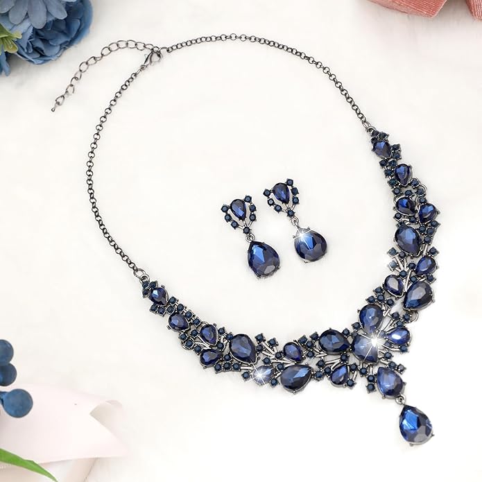 Hicarer Bridal Teardrop Cluster Crystal Jewelry Set for Women Necklace Earrings Wedding
