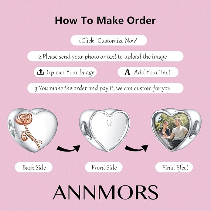 Annmors Personalized Photo Charms For Bracelets/Necklace 925 Sterling Silver Love Heart Shaped Engraved Customize Picture Gift for Birthday Mother's Day,Bead Charms Jewelry for Women
