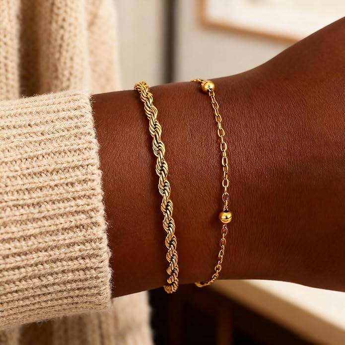 18K Gold Plated Bracelet Sets for Women Waterproof - Trendy Thin Dainty Stackable Cuban Link Paperclip Snake Twisted Chain Fashion Jewelry Accessories Gifts for Women