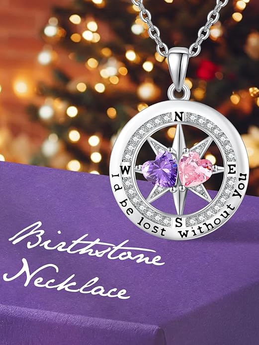 Compass Necklace for Women, Exquisite S925 Valentines Day Anniversary Birthday Gifts for Wife Her Double Birthstone Pendant Jewelry ‘I'd be Lost Without You’