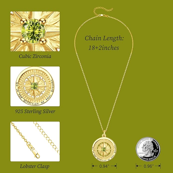 KINGWHYTE Graduation Gifts Birthstone Necklace for Women 925 Sterling Silver Compass Pendant Go in the Direction of your Dream Travel Jewelry Birthday Gift for Her