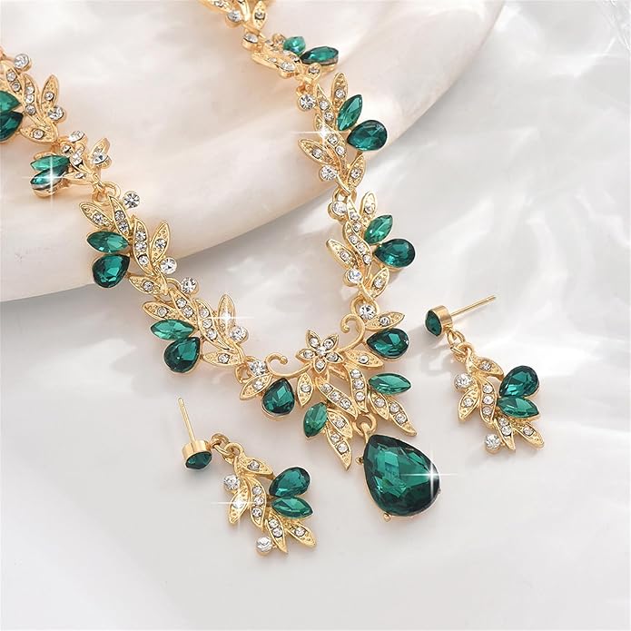 PINK TOWN Vintage Rhinestone Bridal Jewelry Sets,Crystal Wedding Prom Earrings Necklace Bracelet Set Fashion Zircon Bride Jewelry Dress Accessories for Women