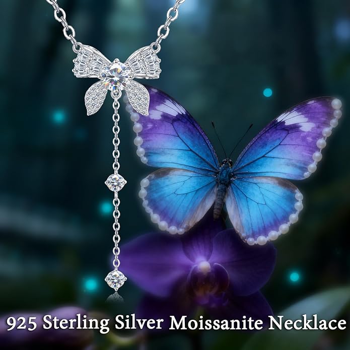 925 Sterling Silver Butterfly Moissanite Necklace for Women, D Color Moissanite Pendant with Delicate Chain Jewelry Gift for Her