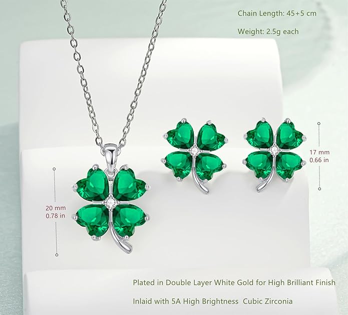 VONSSY Four Leaf Clover Necklace Earrings Shamrock Irish ST Patricks Jewelry Set Gift 18k Gold Plated Green Emerald Zircon Diamond Crystal Lucky Saint Pendant for Woman Wife Girlfriend Mom